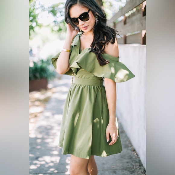 NEW JOA Off Shoulder Ruffle Dress Medium Olive Green BC5850 NWT - Picture 1 of 12